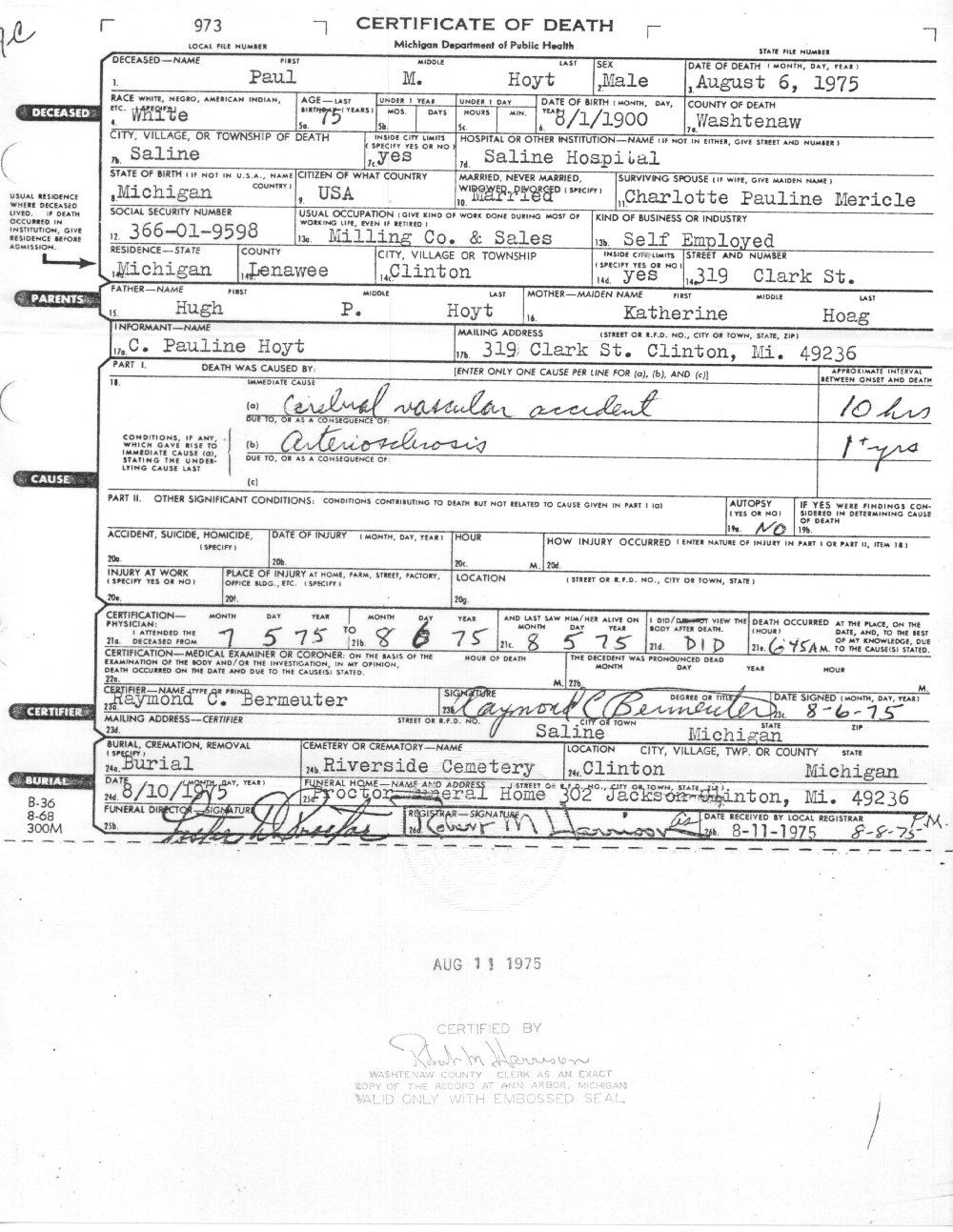Paul M Hoyt's Death Certificate 1975